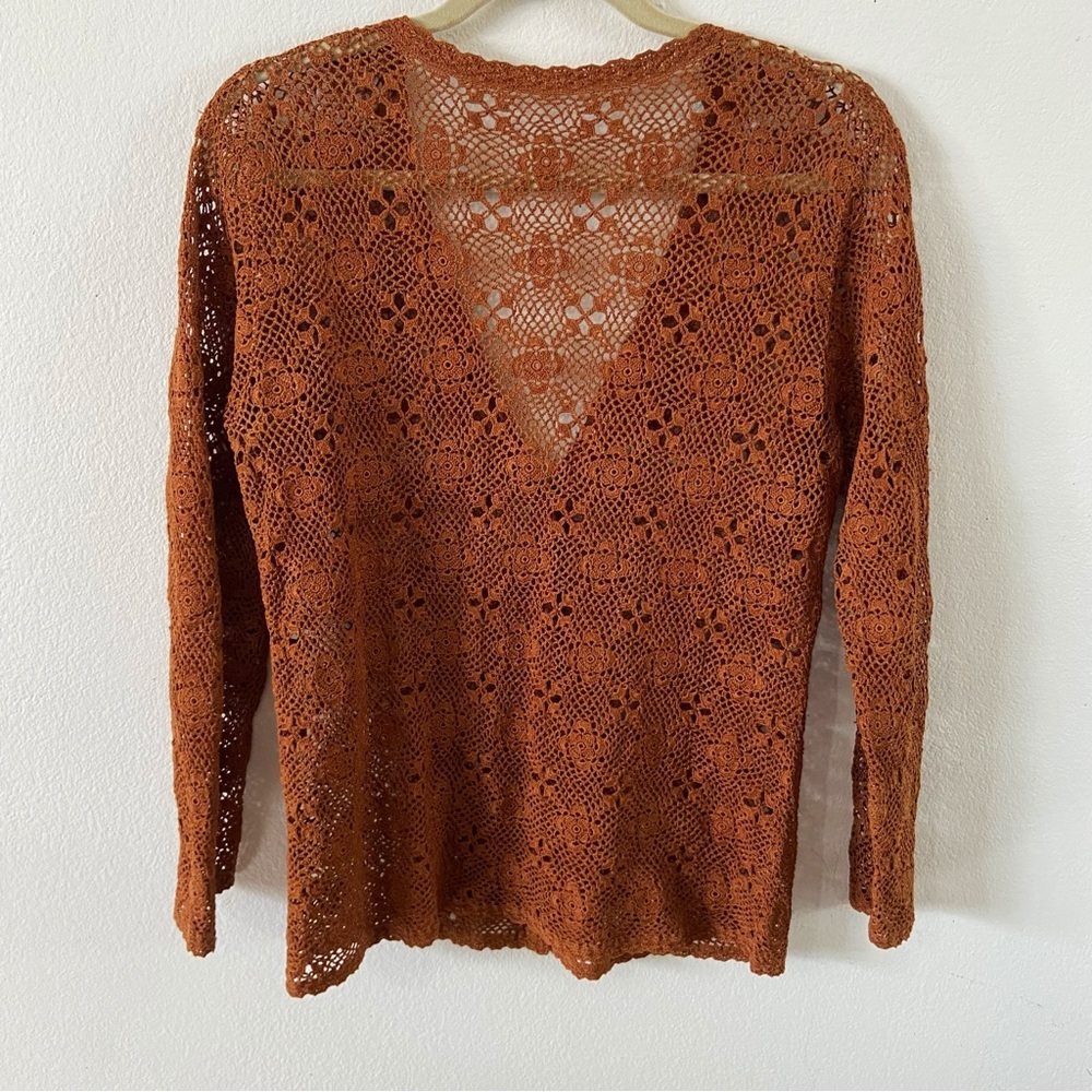 Vintage brown crochet macrame cardigan sweater knit outerwear indie medium - Picture 5 of 5